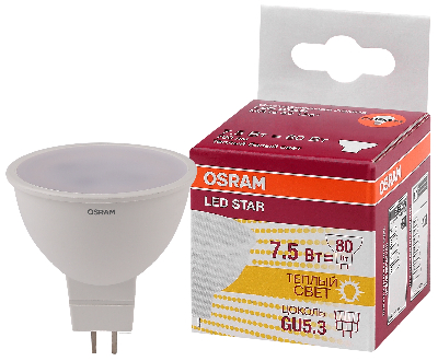 Лампа светодиодная LED 7.5Вт GU5.3 MR16 110° (замена 80Вт) тепло-бел, OSRAM