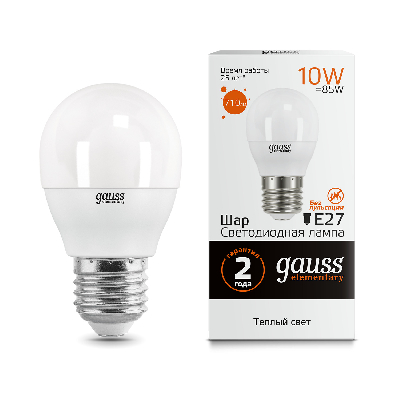 Лампа светодиодная LED 10 Вт 710 лм 3000К AC180-240В E27 шар P45 теплая  Elementary Gauss