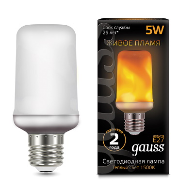 Лампа светодиодная LED 5 Вт 20-80 Лм 1500К теплая E27 T65 эмитация горящего пламени Flame Gauss