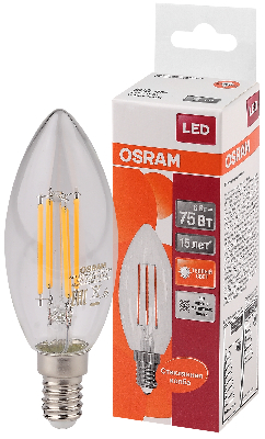 Лампа светодиодная LED 6Вт E14 CLB75 тепло-бел, Filament прозр.свеча OSRAM