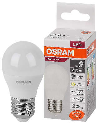 Лампа светодиодная LED 10 Вт E27 3000К 800Лм шарик 220 В (замена 75Вт) OSRAM