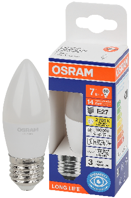 Лампа светодиодная LED 7Вт Е27 2700К 600Лм свеча 220В (замена 60Вт) OSRAM