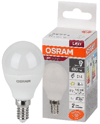 Лампа светодиодная LED 10 Вт E14 3000К 800Лм шарик 220 В (замена 75Вт) OSRAM