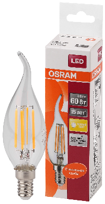 Лампа светодиодная LED 5Вт E14 CLB60 тепло-бел, Filament прозр.свеча на ветру OSRAM