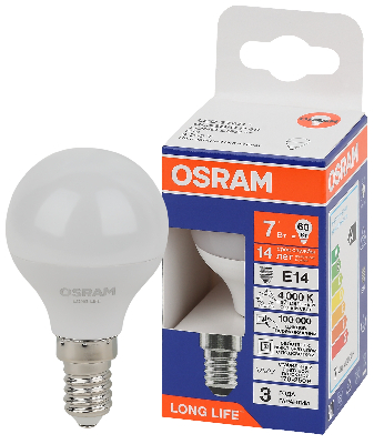 Лампа светодиодная LED 7Вт Е14 4000К 600Лм шар 220В (замена 60Вт) OSRAM