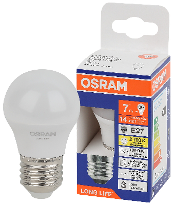 Лампа светодиодная LED 7Вт Е27 2700К 600Лм шар 220В (замена 60Вт) OSRAM